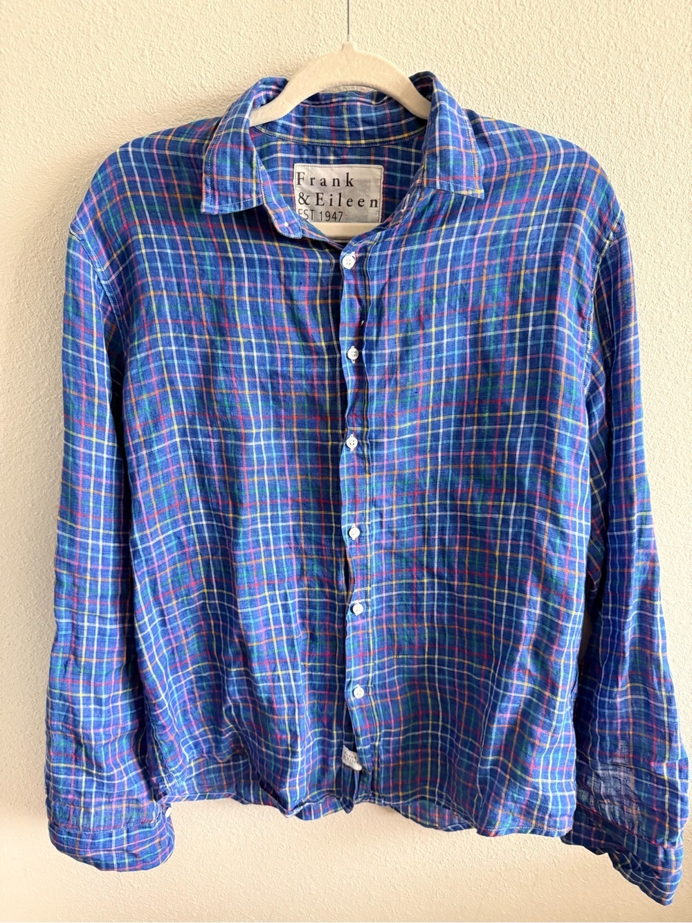 Frank & Eileen Linen Blue and Green Plaid Men’s Button-Down Shirt